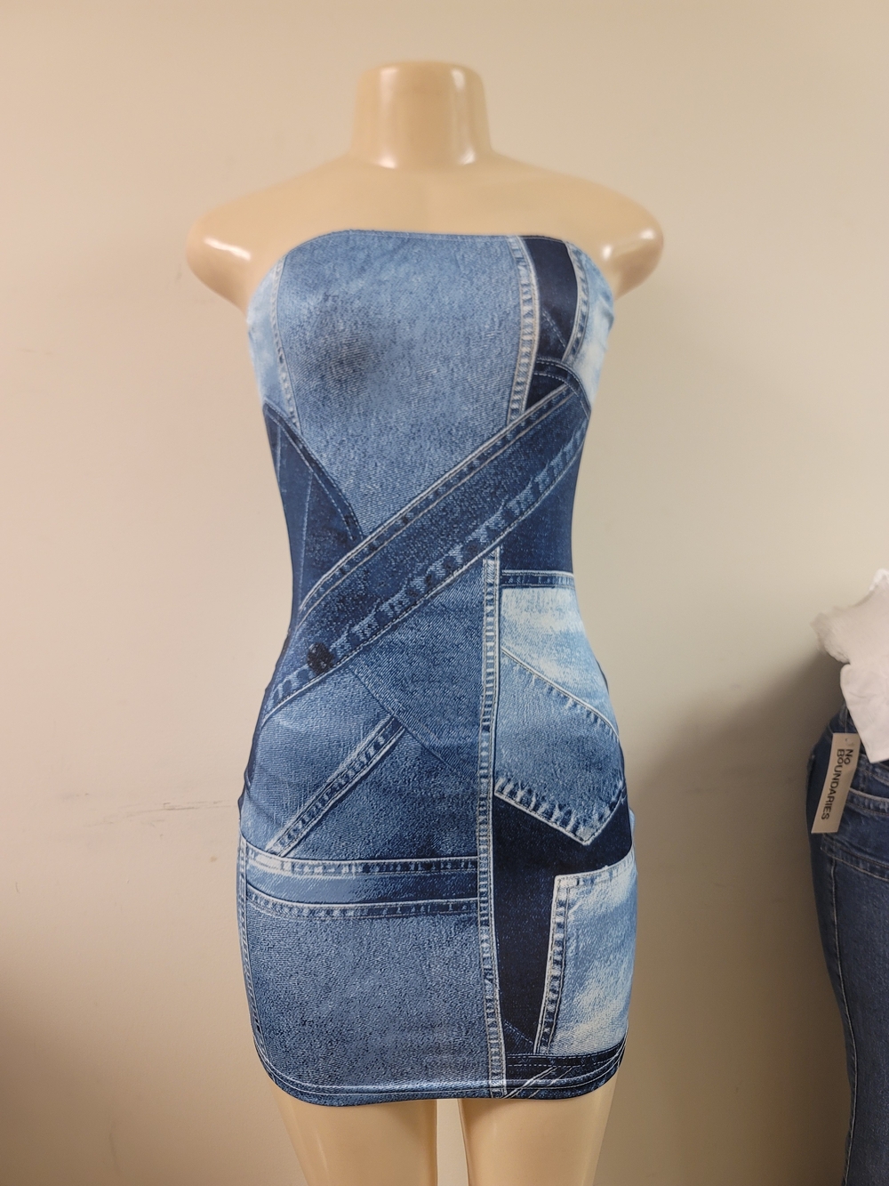 Strapless Blue Denim-Print Bodycon Dress